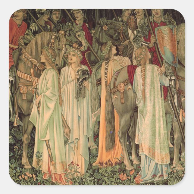 Pegatina Cuadrada Caballeros medievales de la Mesa Redonda (Anverso)