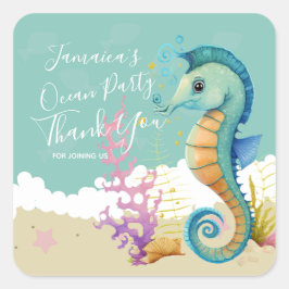 Pegatina Cuadrada Caballito de mar acuarela océano cumpleaños gracia