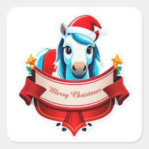 Pegatina Cuadrada Caballo alegre de Navidad con estandarte