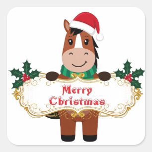 Pegatina Cuadrada Caballo alegre de Navidad con estandarte