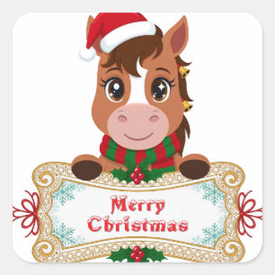 Pegatina Cuadrada Caballo alegre de Navidad con estandarte