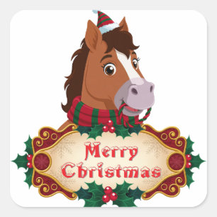 Pegatina Cuadrada Caballo alegre de Navidad con estandarte