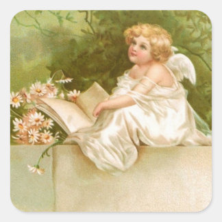 Pegatina Cuadrada Caballo: Ángel con libros y flores