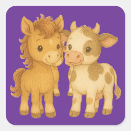 Pegatina Cuadrada Caballo Bebé y Vaca Bebé