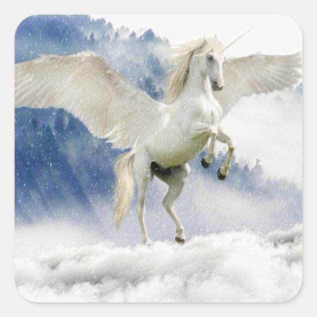 Pegatina Cuadrada Caballo blanco con alas (Anverso)