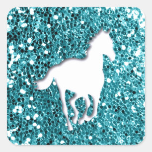 Pegatina Cuadrada Caballo blanco con aspecto de Purpurina Aqua