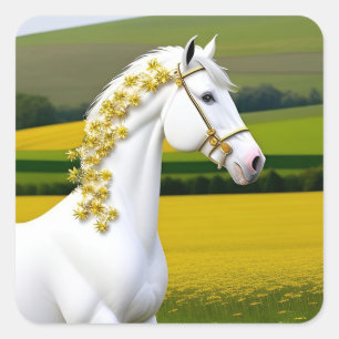 Pegatina Cuadrada Caballo Blanco Con Guirnalda Floral