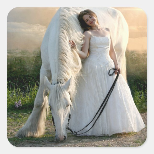 Pegatina Cuadrada Caballo blanco con novia (Anverso)