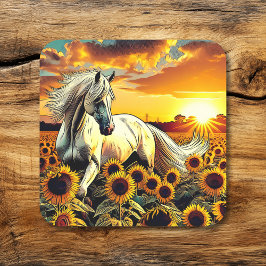 Pegatina Cuadrada Caballo blanco en campo de girasoles al atardecer