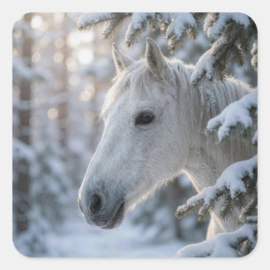 Pegatina Cuadrada Caballo Blanco Invernal En Pino Nevado