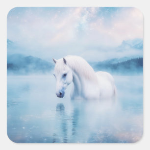 Pegatina Cuadrada Caballo Blanco Soñador Bajo el Cielo Cósmico