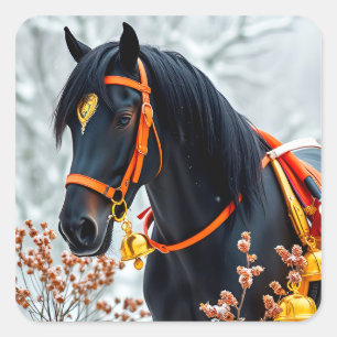 Pegatina Cuadrada Caballo castaño negro elegante