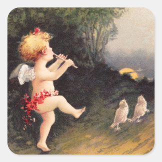 Pegatina Cuadrada Caballo: Cherub pequeño con flauta