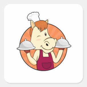 Pegatina Cuadrada Caballo cocinado con platos servidos