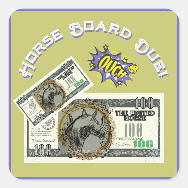 Pegatina Cuadrada caballo cómico $, tirador de caballos debido (Anverso)