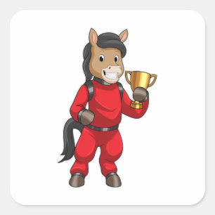 Pegatina Cuadrada Caballo como campeón con trofeo