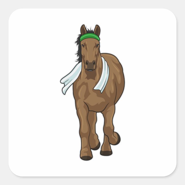 Pegatina Cuadrada Caballo como corredora con toalla (Anverso)