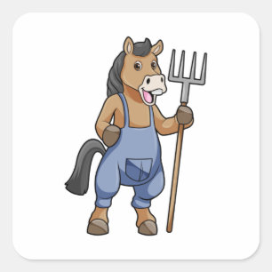 Pegatina Cuadrada Caballo como granjero con arroz