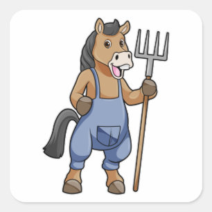 Pegatina Cuadrada Caballo como granjero con arroz