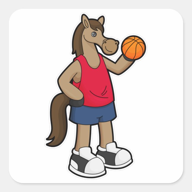 Pegatina Cuadrada Caballo como jugador de baloncesto con baloncesto (Anverso)