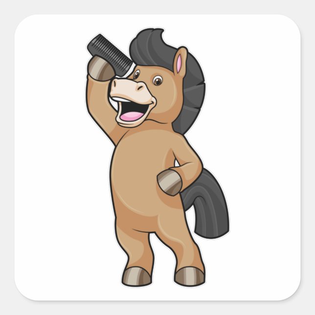 Pegatina Cuadrada Caballo como peluquero con comb (Anverso)