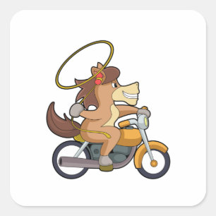 Pegatina Cuadrada Caballo como Vaquero con Lasso y Motocicleta