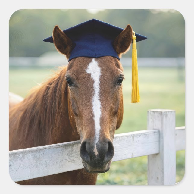 Pegatina Cuadrada Caballo con gorra de graduación (Anverso)