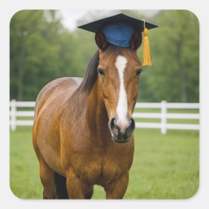 Pegatina Cuadrada Caballo con gorra de graduación azul marino