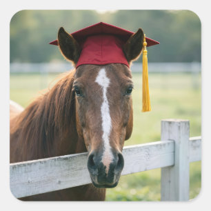 Pegatina Cuadrada Caballo con gorra de graduación roja