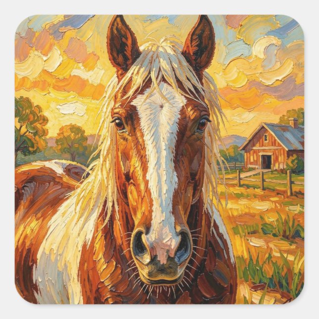 Pegatina Cuadrada Caballo con impasto en una granja (Anverso)