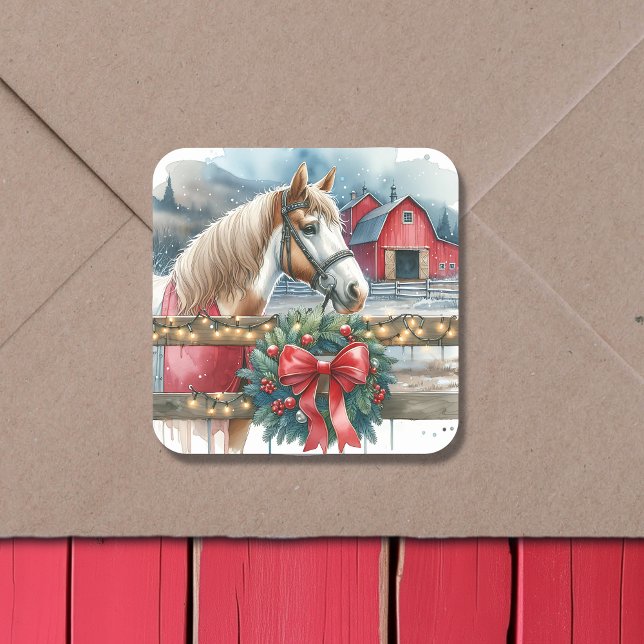 Pegatina Cuadrada Caballo con Navidades de una granja (Subido por el creador)