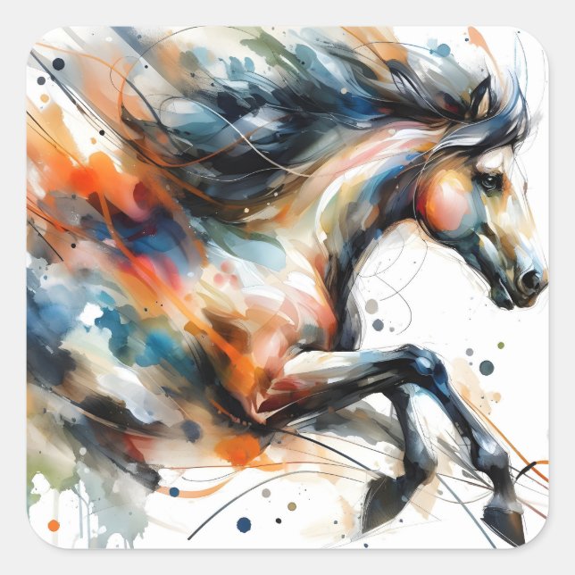 Pegatina Cuadrada Caballo corriendo acuarela abstracta (Anverso)