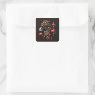 Pegatina Cuadrada Caballo de Año Nuevo Chino Steampunk
