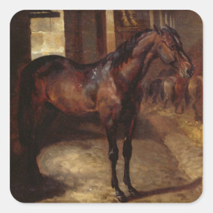Pegatina Cuadrada Caballo de bahía oscuro en el establo