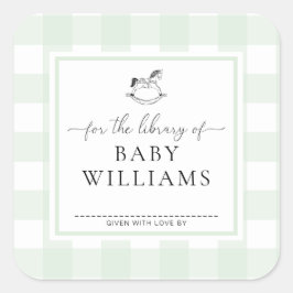 Pegatina Cuadrada Caballo de Balanço de Gingham Verde Biblioteca De 