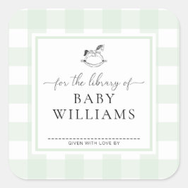 Pegatina Cuadrada Caballo De Balanza De Gingham Verde Ex Libris
