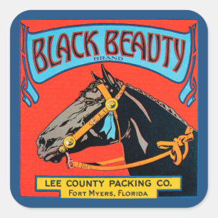Pegatina Cuadrada Caballo de belleza negra con fondo rojo