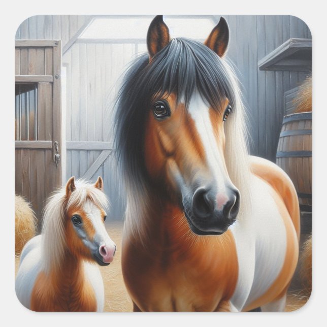 Pegatina Cuadrada Caballo de bonito y Pony (Anverso)