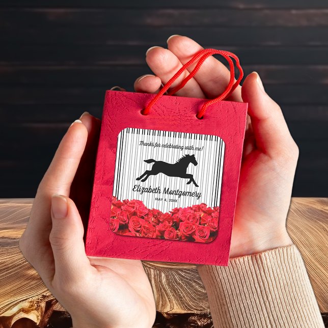 Pegatina Cuadrada Caballo de carreras y rosas rojas derby ducha de n (3" square stickers, perfect for bridal shower party favor bags and boxes.)