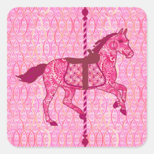 Pegatina Cuadrada Caballo de carrusel - rosa de la fucsia