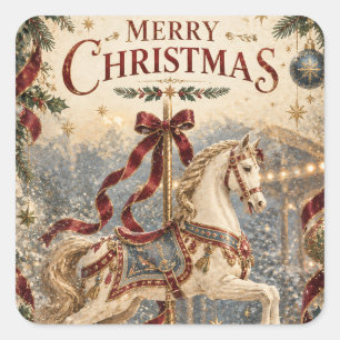 Pegatina Cuadrada Caballo de carrusel vintage Navidad , Elegante Fie