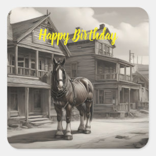 Pegatina Cuadrada Caballo de Clydesdale en ciudad fantasma