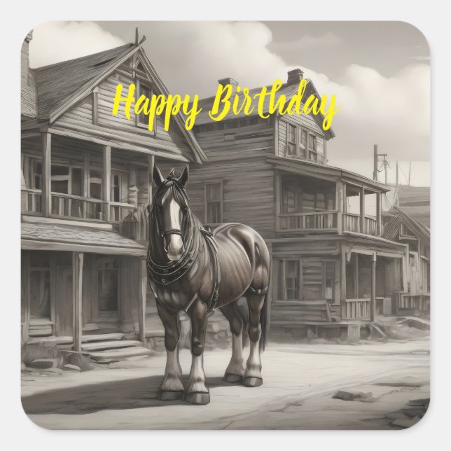 Pegatina Cuadrada Caballo de Clydesdale en ciudad fantasma (Anverso)