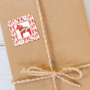 Pegatina Cuadrada Caballo de Dala Sueco de Navidad Arte Popular