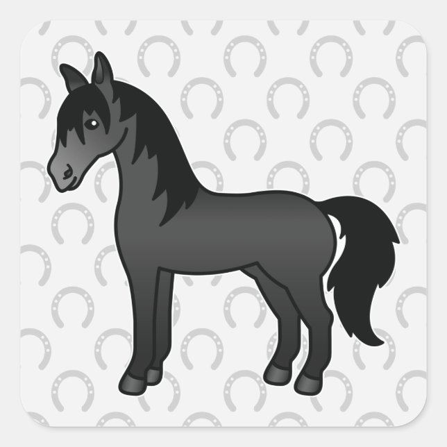 Pegatina Cuadrada Caballo de dibujos animados negro (Anverso)