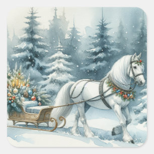 Pegatina Cuadrada Caballo de invierno bonito y Sleigh Navidad