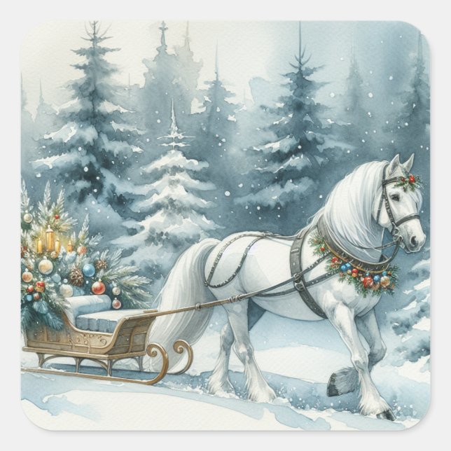 Pegatina Cuadrada Caballo de invierno bonito y Sleigh Navidad (Anverso)