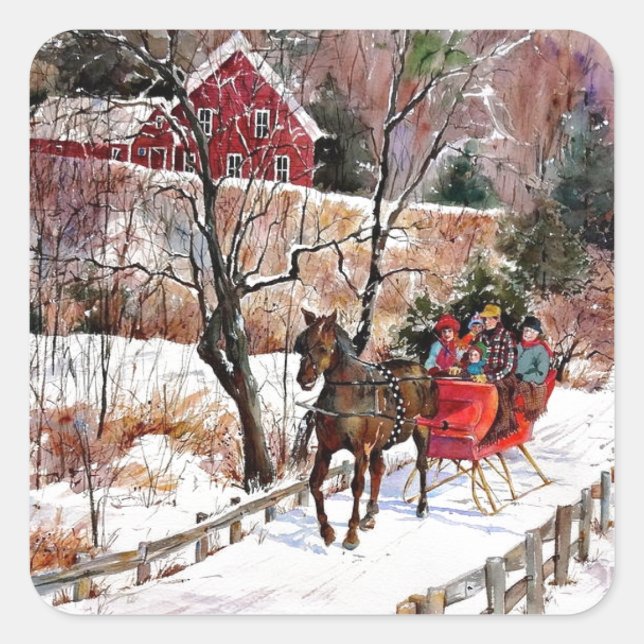 Pegatina Cuadrada Caballo de invierno y Sleigh (Anverso)