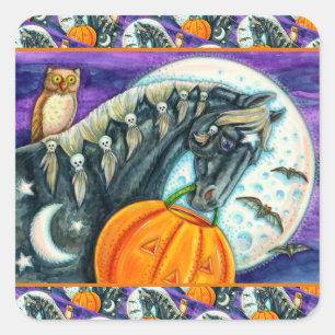 PEGATINA CUADRADA CABALLO DE MAGIA NEGRO, OWL, JACK O LANTERN Y HERR
