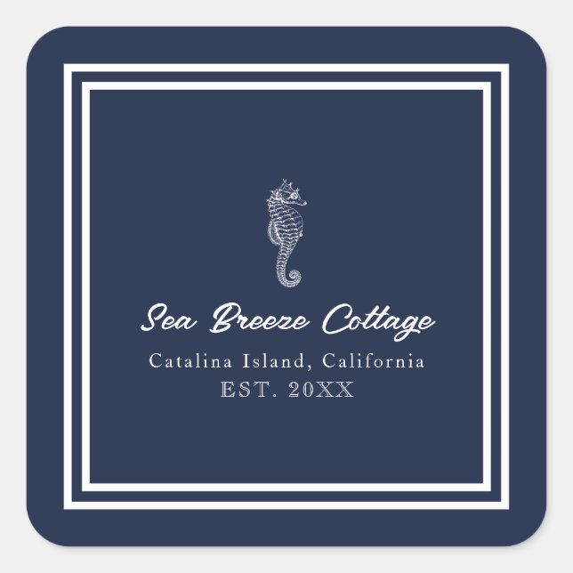 Pegatina Cuadrada Caballo de mar azul y blanco singulares (Anverso)